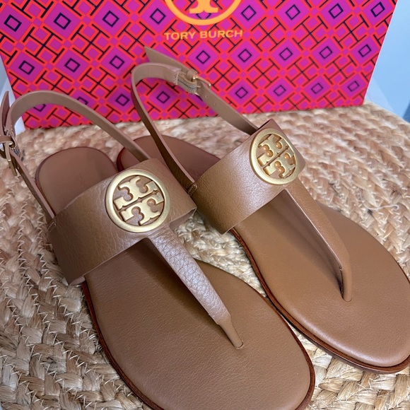 NEW Tory Burch Benton 2 Flat Thong Sandal Calf Leather Size 7 Royal Tan - Picture 6 of 7
